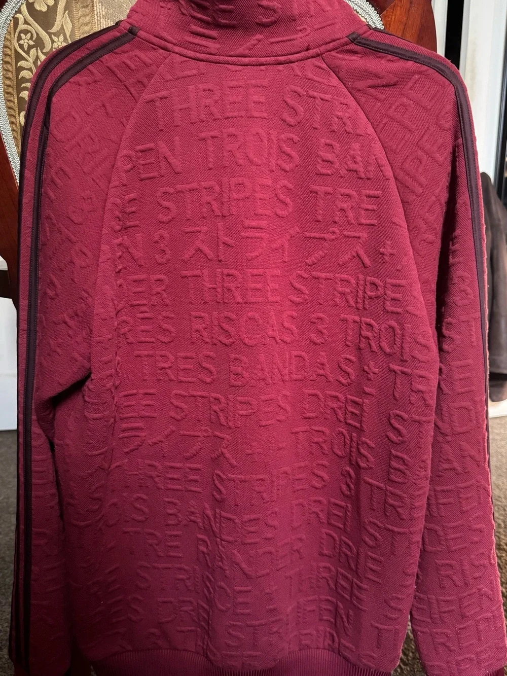 adidas Maroon Textured Three-Stripe Zip Jacket